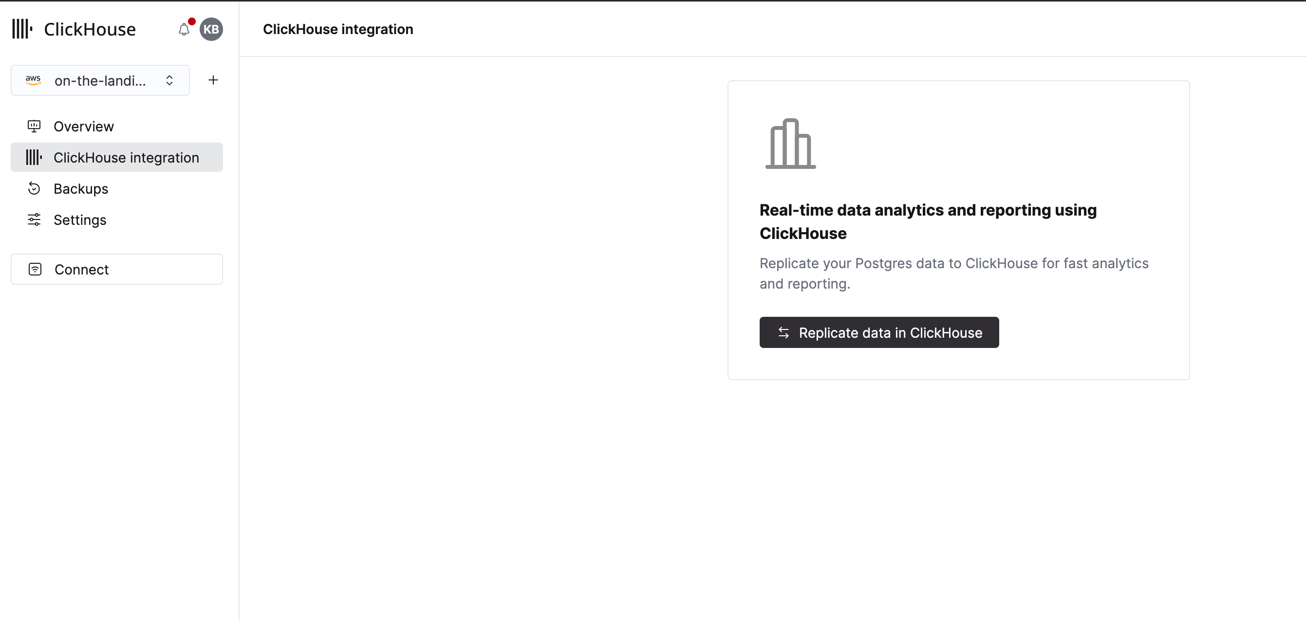 사이드바에 있는 통합 옵션이 표시된 ClickHouse 통합 랜딩 페이지